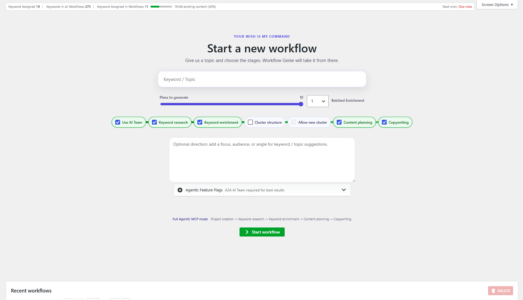 Start Content Genie Content Workflow