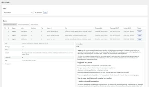 Draft approval and tracking page displaying a historical draft for a post and it's associated details such as category, author etc